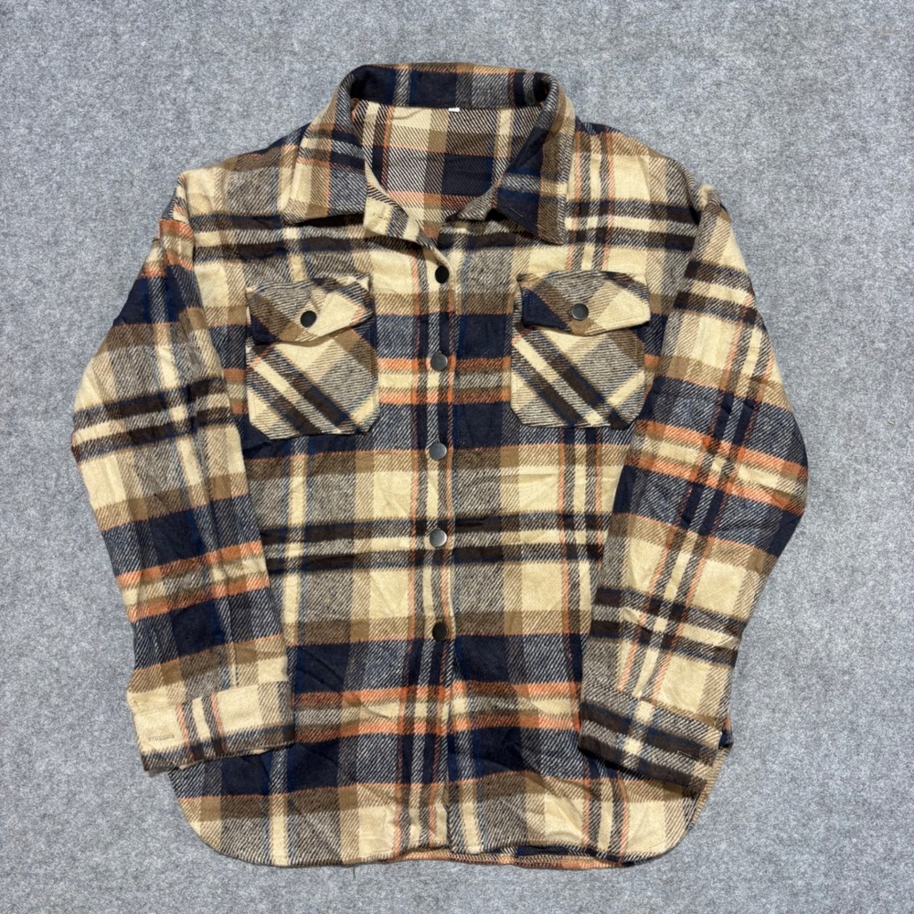 Mens Plaid Flannel Shirt Jacket Brown Navy Orange Snap Front Shacket Size M
